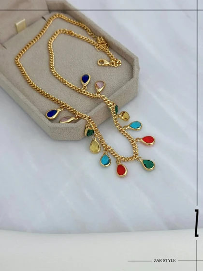 گردنبند آویز نگین اشکی مولتی کالر زنجیر کارتیه