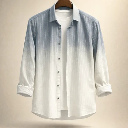 پیراهن مردانه لینن راه راه گرادینتی آبی‌صدفی سفید_اورجینال دیلم