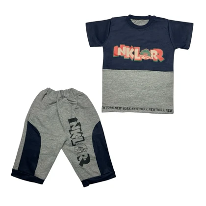 ست تیشرت آستین کوتاه و شلوارک پسرانه مدل PJ1140 رنگ آبی تیره