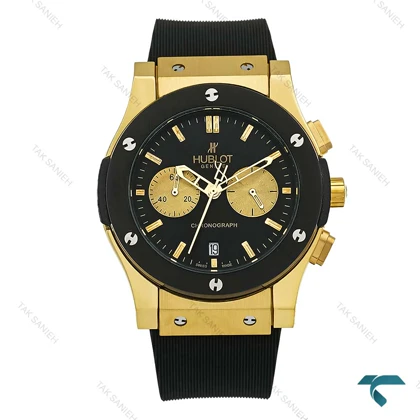 ساعت طلایی هابلوت مردانه سه موتوره صفحه مشکی Hublot-8393-G
