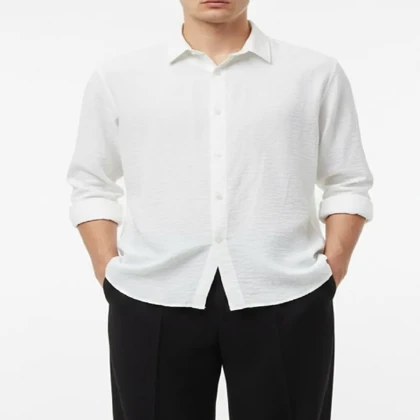 پیراهن مردانه شیک، سفید پارچه شانتون، آزاد استایل روزمره کد 1001