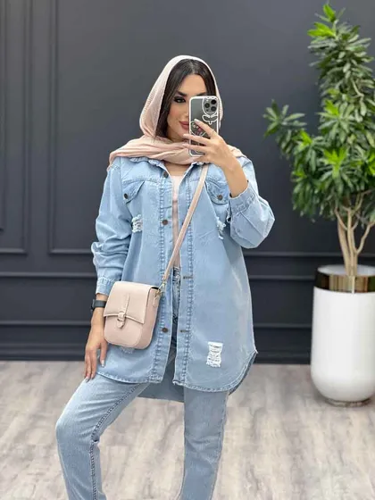 مانتو جین زاپ‌دار آبی روشن