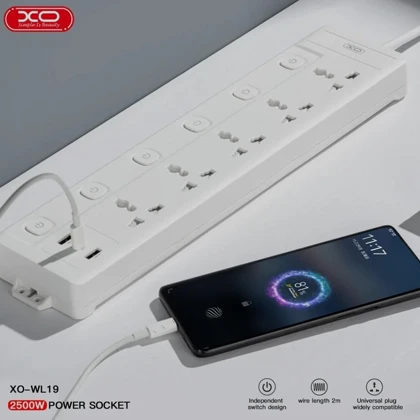 چند راهی برق 5 سوکت و 2 یواس‌بی و 1 تایپ‌سی ایکس او WL19