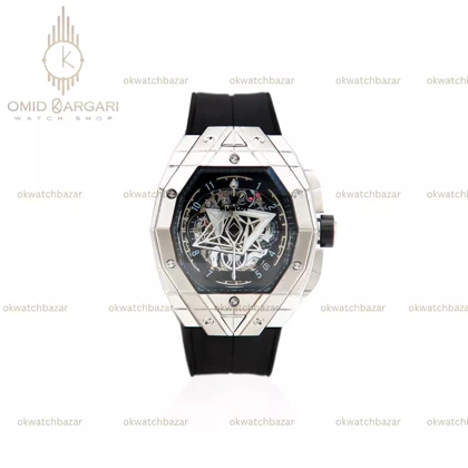 ساعت مچی اوبلو کهکشانی قاب نقره ای بند رابر مشکی Hublot Spirit of Big Bang Sang Bleu