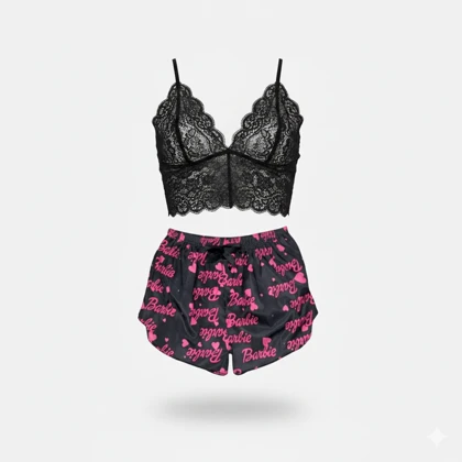 ست نیم‌تنه گیپور و شلوارک طرح باربی 014