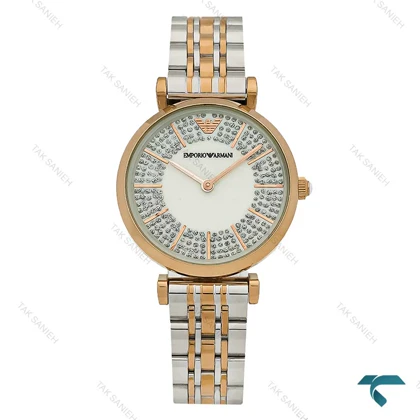 ساعت زنانه امپریو آرمانی دو رنگ رزگلد صفحه نگین‌دار Armani-7995-L