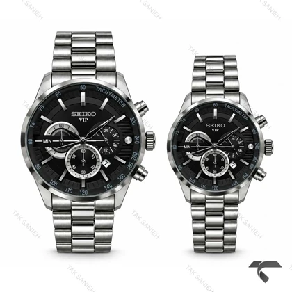 ساعت ست سیکو VIP رفرنس 31693 کرنوگراف سیلور صفحه مشکی Seiko-11461-S