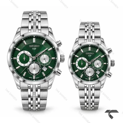 ساعت سیکو VIP ست سه موتوره کرنوگراف سیلور صفحه سبز Seiko-11453-S