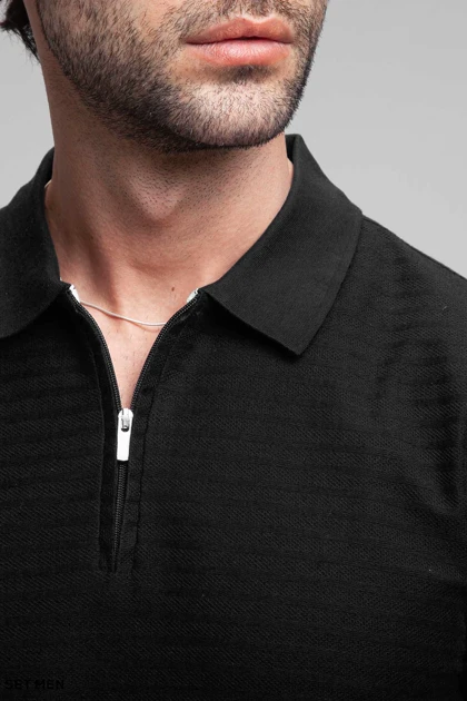 تیشرت یقه دارنیم زیپ بافت