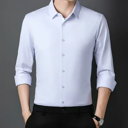 پیراهن سفید مردانه نخی پارچه فول کش کیفیت استثنایی