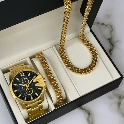 ست ساعت مچی مردانه طلایی صفحه مشکی مدل U700 + دستبند و گردنبند کارتیه رنگ طلایی
