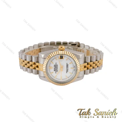 ساعت رولکس زنانه مدیوم دورنگ طلایی صفحه سفید صدف خطی Rolex-5209-L
