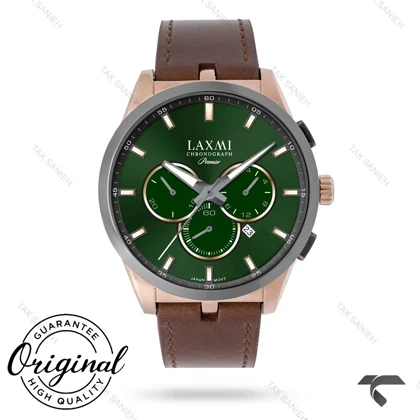 ساعت لاکسمی 8131-1 مردانه رزگلد صفحه سبز بند چرم قهوه ای Laxmi-9150-G