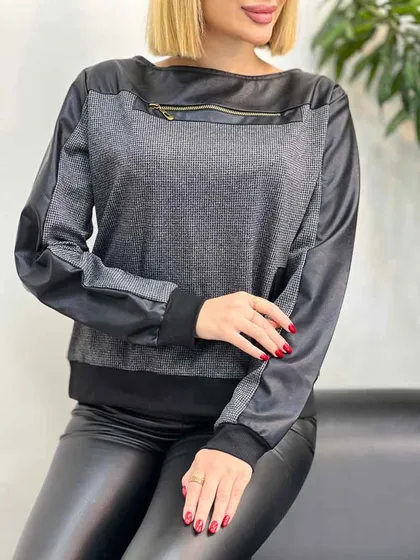 بلوز ترکیبی چرم دار جلو زیپ