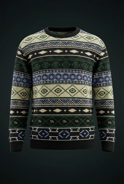 پلیور بافتنی وینتیج رنگ سبز و کرم و ابی طرح سنتی ایرانی فوق‌العاده شیک باکسی