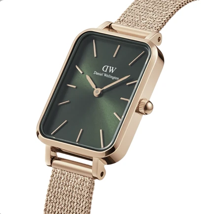 ساعت دنیل ولینگتون حصیری زنانه رزگلد صفحه مستطیل سبز Daniel Wellington Rosegold