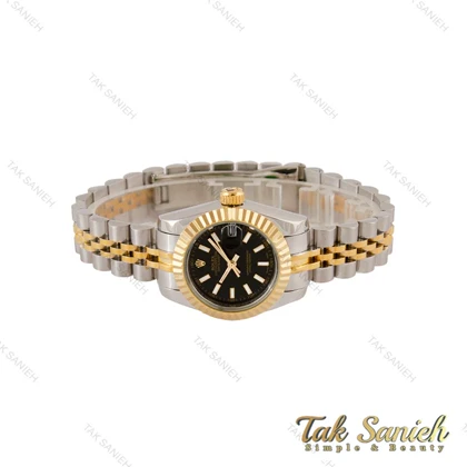 ساعت رولکس زنانه دو رنگ طلایی صفحه مشکی ایندکس خطی Rolex-5020-M-L