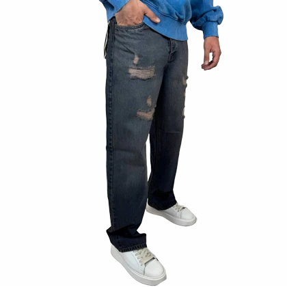 شلوار جین زاپ‌دار بگ مردانه سرمه ای با شست آبی