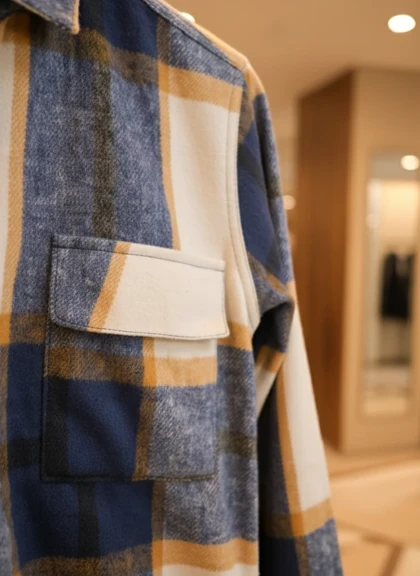 پیراهن پشمی چهارخونه با پارچه برس‌خورده نرم باترکیب رنگ آبی‌سرمه‌ای با ته مایه های رنگ کرم نارنجی – کد 894