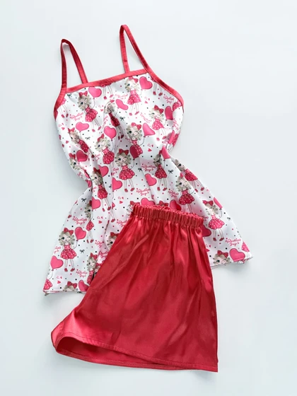 ست لباس خواب تاپ و شورتک ساتن طرح ولنتاین