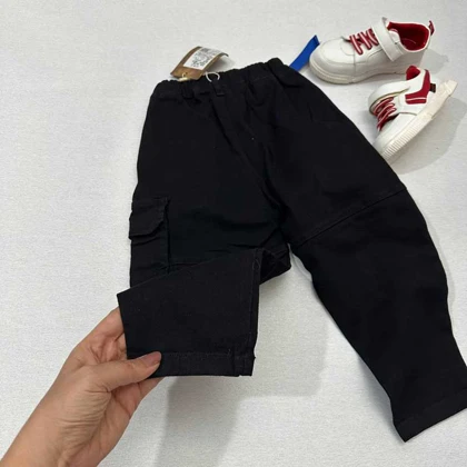 شلوار مام مشکی کتان کمربند آبی اورجینال