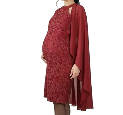 پیراهن کوتاه بارداری پارچه گیپور شنل حریر دار یقه قلاده ای زنانه کد 0422
