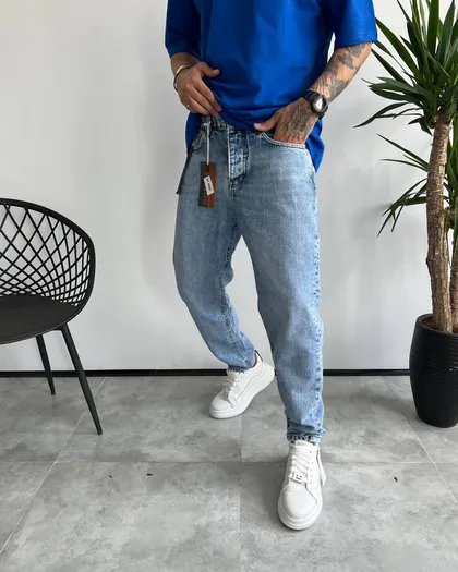 شلوار مام فیت ابی روشن ساده PULL AND BEAR