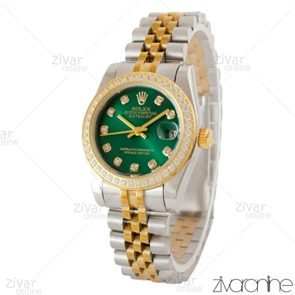 ساعت رولکس دیت جاست زنانه دورنگ طلایی صفحه سبز دور نگین مدیوم 105303