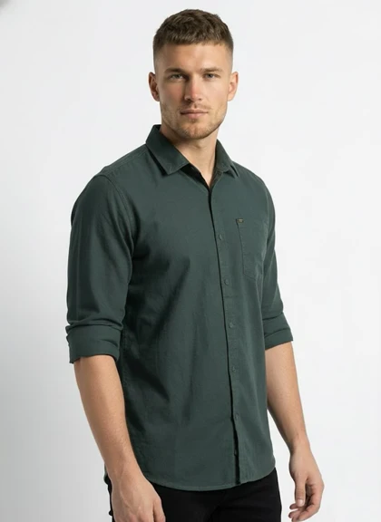 پیراهن مردانه سبز تیره آستین بلند نخ پنبه 511