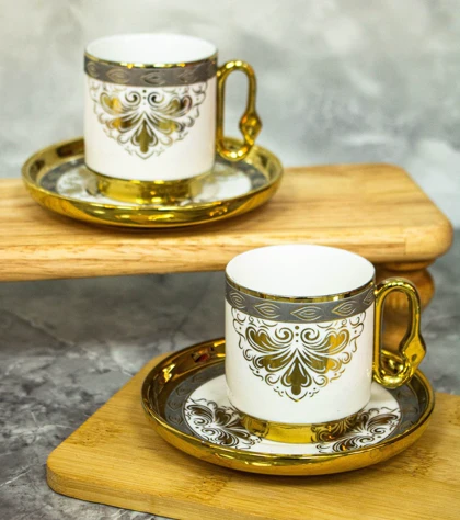 ست قهوه خوری شش نفره طرحدار دسته طلایی