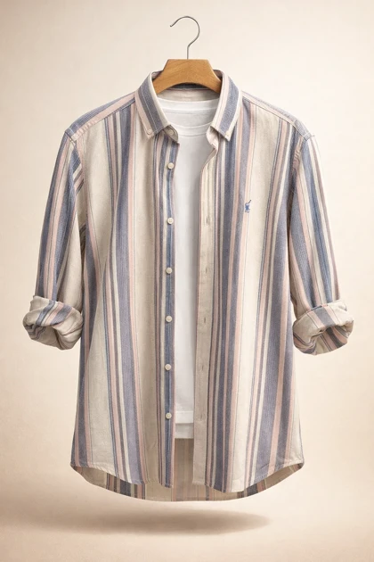 پیراهن استین بلند (طرح راه راه عمودی ملایم در تناژ بژ روشن و یاسی و صورتی)کدZ02