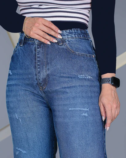 شلوار جین نیم بگ آبی متوسط زنانه قد 105 Semi-Baggy Jeans کد 80300