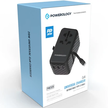 مبدل برق چندکاره 2500 وات و شارژر دیواری فست USB و تایپ‌سی 20 وات پاورولوژی PWCUQC028