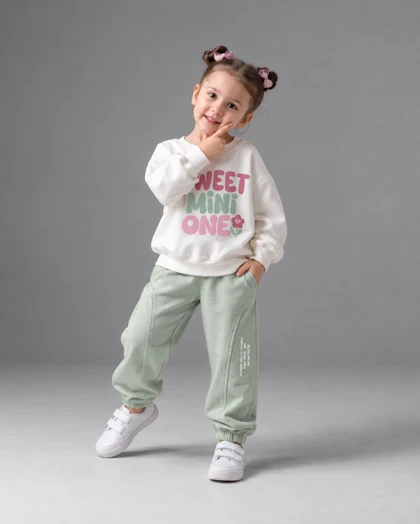 ست بلوز شلوار دخترانه طرح SWEET MINI ONE رنگ سبز پاستلی