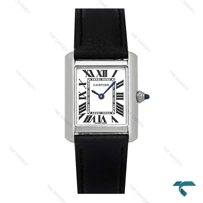 ساعت زنانه کارتیه تانک نقره ای بند چرم مشکی اسمال Cartier-7922-L