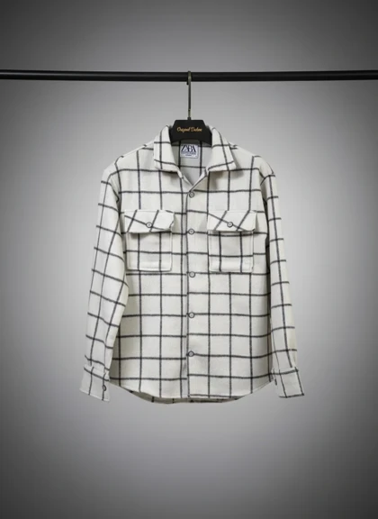 پیراهن پشمی چهارخانه سفید مشکی مدل لش باکسی اولد مانی اورجینال دیلم