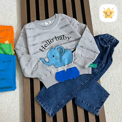 بلوز شلوار جین پسرانه کیفیت عالی برند FIBILO طرح فیل مناسب 1 تا 4 سال