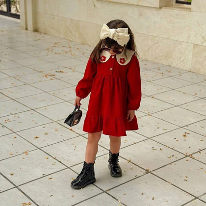 پیراهن قرمز دخترانه یلدایی افرا یقه ب ب