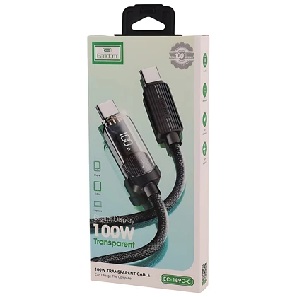 کابل سوپر فست شارژ تایپ‌سی به تایپ‌سی شفاف 100 وات یک متری ارلدام EC-189C-C