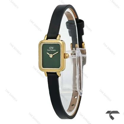 ساعت دنیل ولینگتون مینی کوادرو طلایی صفحه سبز مهندسی بند چرم DW-10705-L