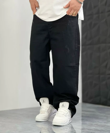 شلوار جین بگ مشکی مردانه پارچه کجراه اعلا پنبه