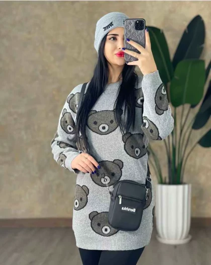 بلوز ریز بافت یقه گرد آستین بلند طرح خرس تدی زنانه کد1463