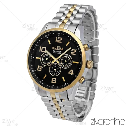 ساعت الکسا پریمیر A0073 مردانه سه موتوره طلایی نقره ای صفحه مشکی 106227