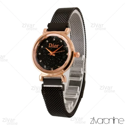 ساعت دیور زنانه قاب رزگلد بند حصیری مشکی 104461