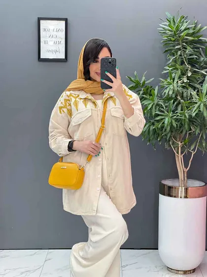 مانتو لینن گلدوزی آستین ریش