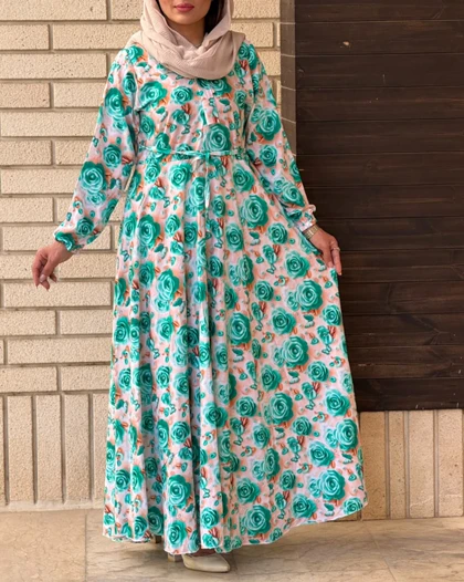 پیراهن نخی کلوش طرح گل‌دار 7170
