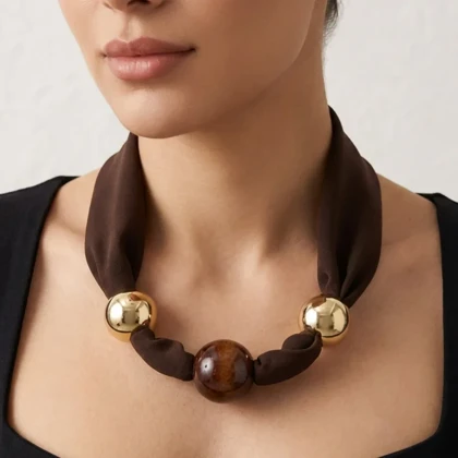 گردنبند زنانه مدل ناتورا براون گلد بافت پارچه‌ای لوکس با گوی چوبی طبیعی و جزئیات طلایی