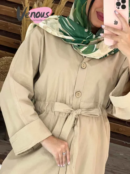 مانتو لینن کمرگت دکمه چوبی