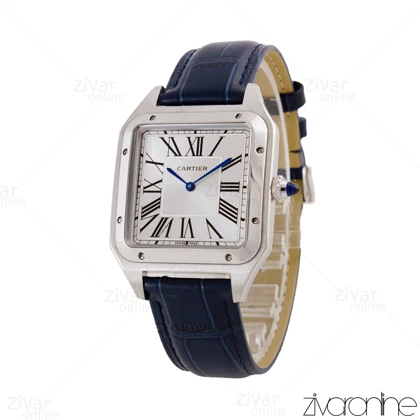 ساعت کارتیه مردانه سانتوس دومونت قاب سیلور بند چرم سرمه ای 105549