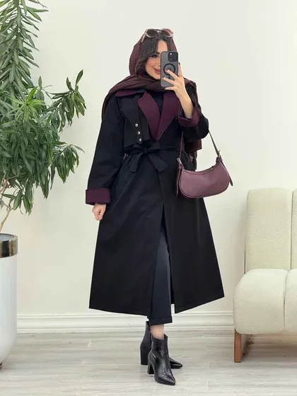 بارانی بلند یقه ترکیبی